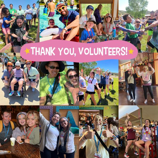 A collage of images of volunteers with campers that reads, "Thank you, volunteers!"