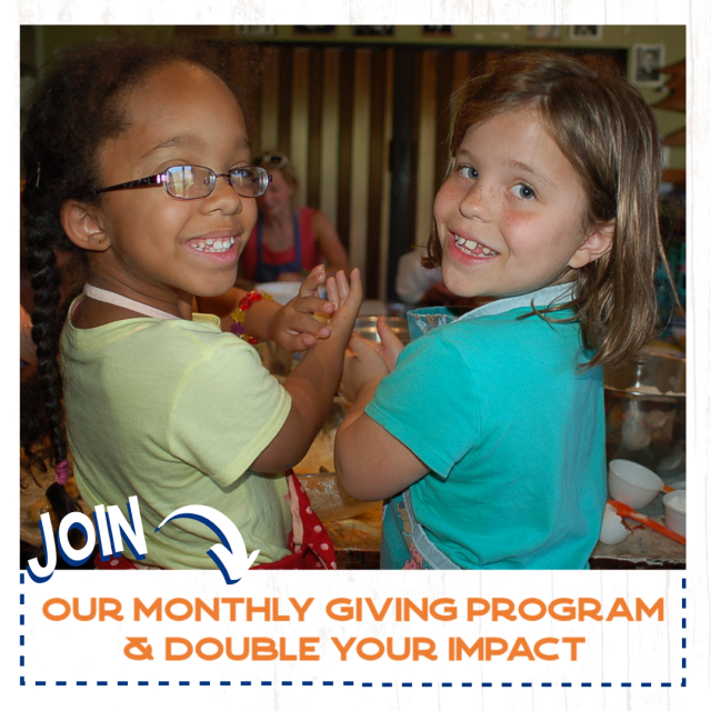 Two friends smiling doing crafts with text that reads, "Join out monthly giving program & double your impact."