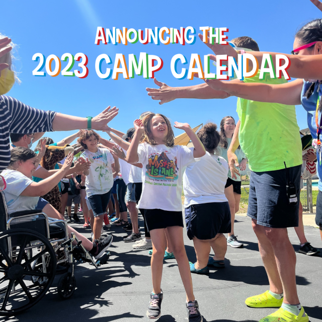 A camper enjoying Silly O, with text that reads Announcing the 2023 Camp Calendar!