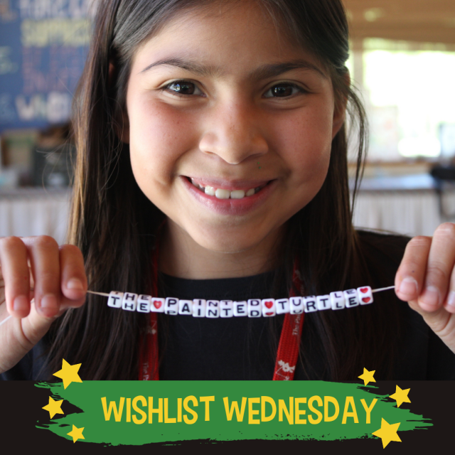 A camper floating in a green tube in the pool with text that reads, "Wishlist Wednesday"