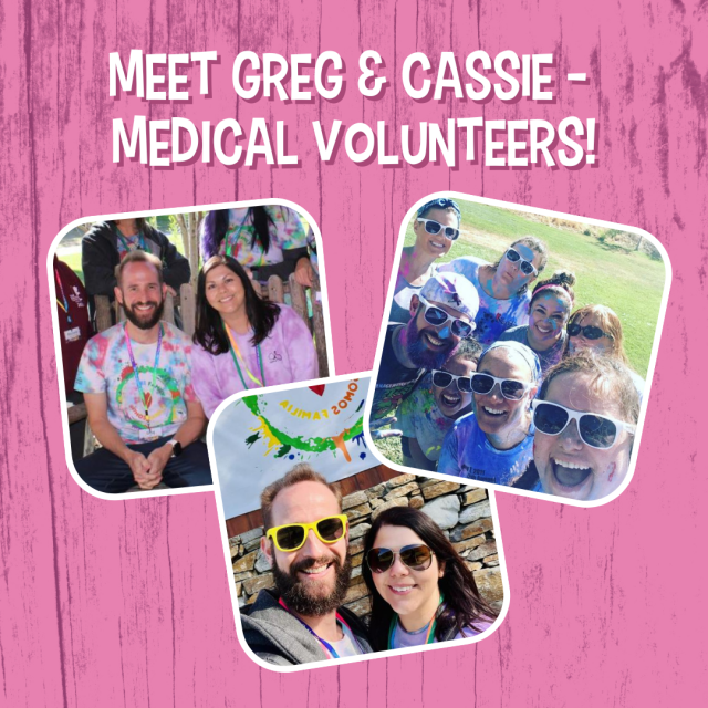 A collage of three photos that show two nurses in front of the Well Shell, in front of the Dining Hall, and participating in Silly-O. The text reads, "Meet Greg & Cassie - Medical Volunteers!"