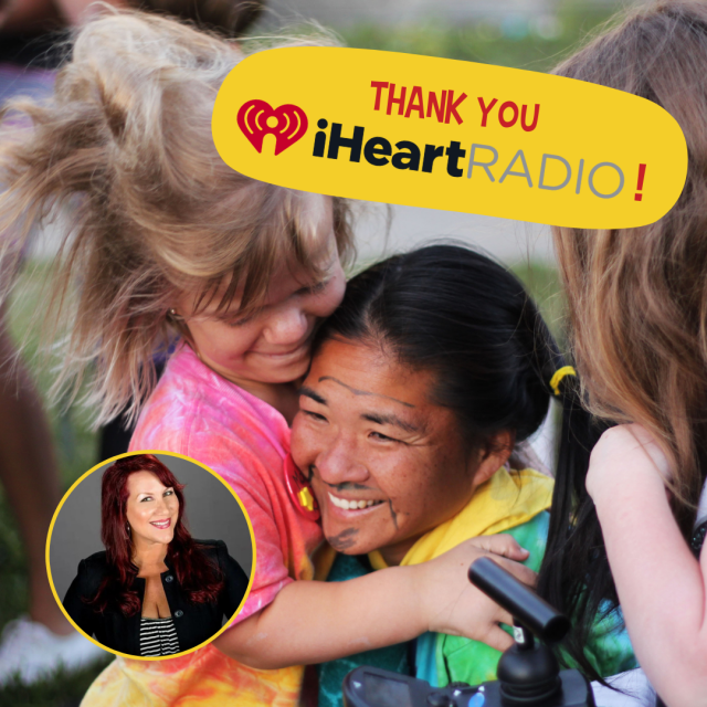 A photo of Director of Camp Initiatives having fun with campers with text that reads, "Thank you iHeartRadio!"