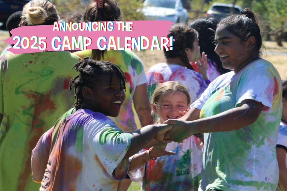 Kids smiling and dancing at camp, graphic says "Announcing the 2025 Camp Calendar!"